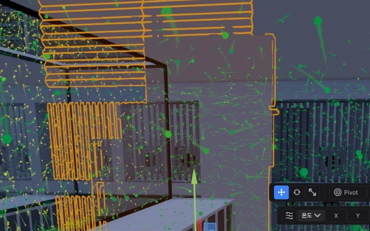 RFS Builder 런타임 에디터의 3D 뷰포트, 데이터센터 안을 흐르는 공기 입자